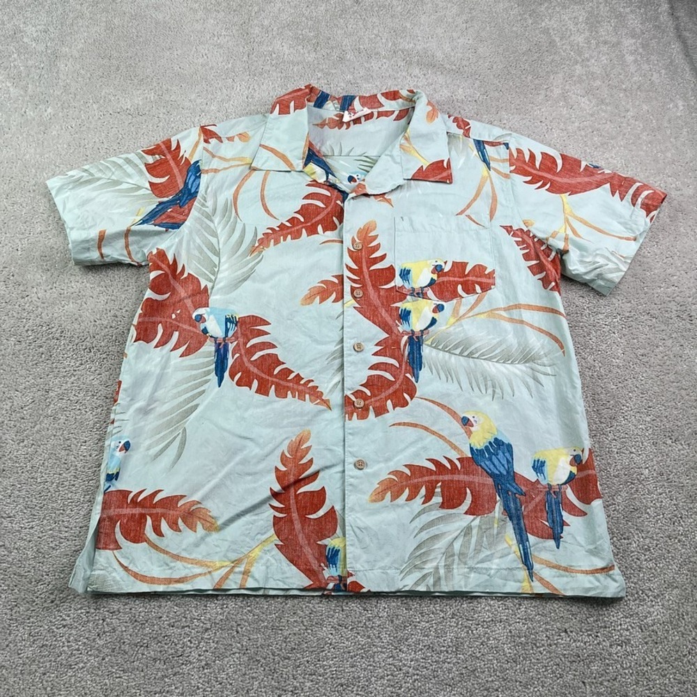 Barefoot in Paradise Shirt Mens Large Green Red Parrots Aloha Cotton Camp Collar